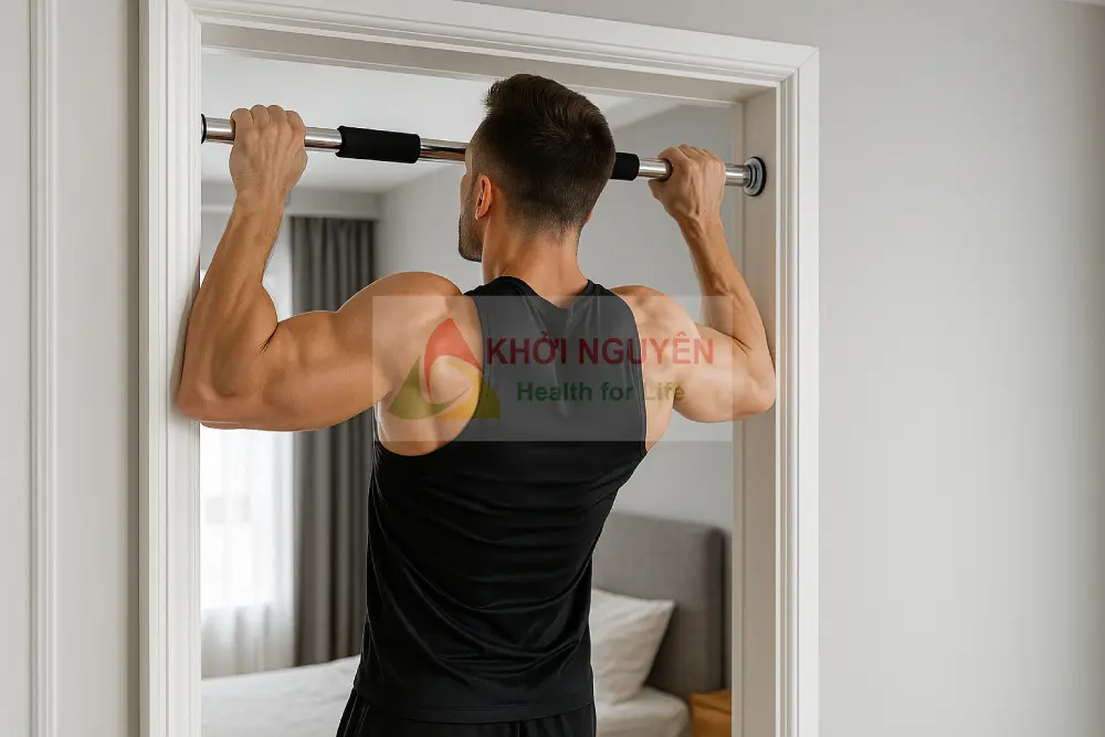 Người trưởng thành tập hít xà với xà đơn gắn cửa trong phòng.