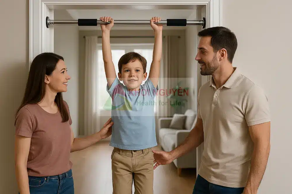 Trẻ em tập xà đơn gắn cửa tại nhà dưới sự giám sát của người lớn.