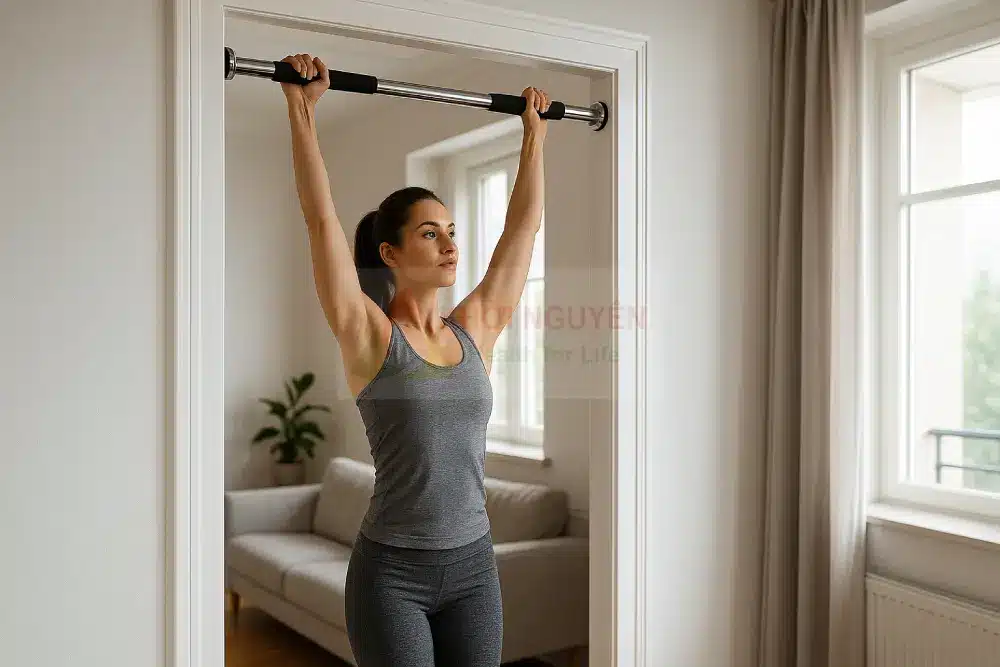 Phụ nữ tập luyện với xà đơn gắn cửa để giảm mỡ và giữ dáng
