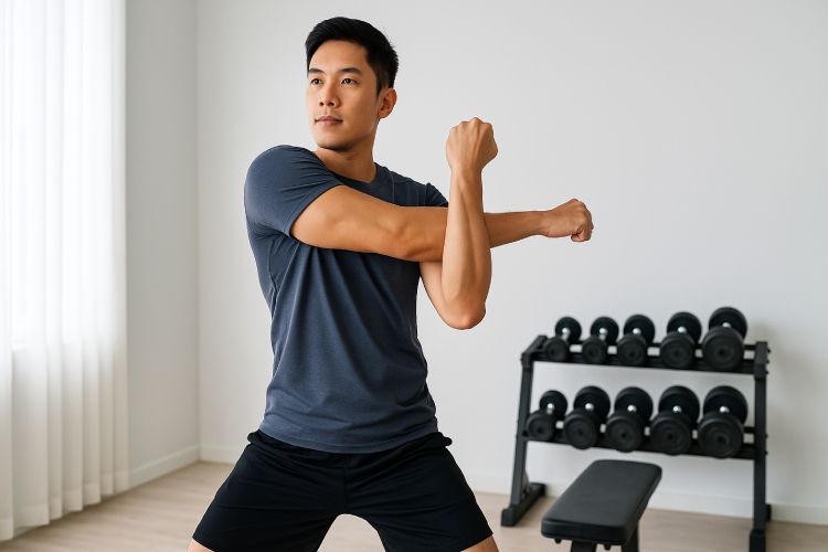 Khởi động cơ thể trước khi tập luyện với giàn tạ tại nhà.