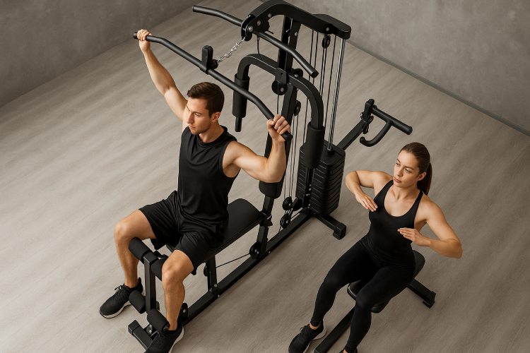 Tập đa dạng bài tập với giàn tạ đa năng tại nhà.