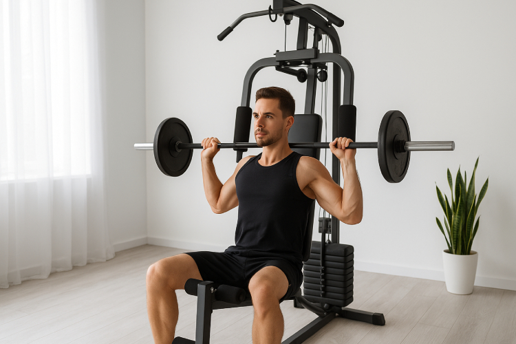 Người đàn ông tập gym tại nhà với giàn tạ đa năng đúng kỹ thuật.
