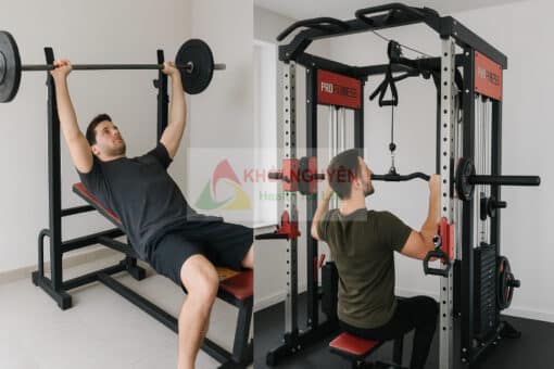 So sánh ghế tập tạ đơn và giàn tạ đa năng trong không gian tập gym tại nhà.